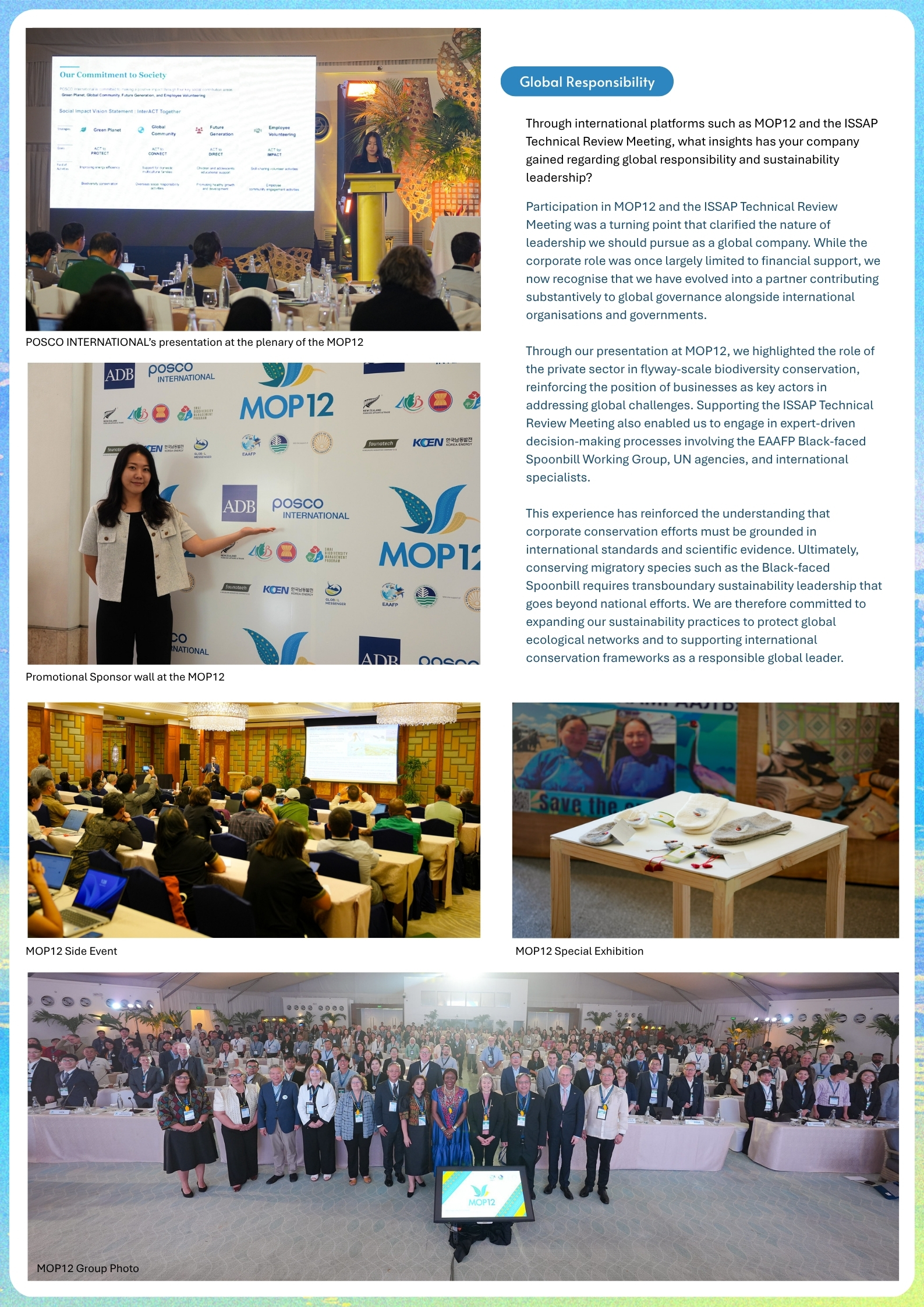 POSCO INTERNATIONAL also participated as an official sponsor of the 12th EAAFP Meeting of Partners (MOP12), where it delivered a presentation during the plenary session attended by international organisations, government representatives of partner countries, and scientists. The presentation highlighted the role of corporate engagement in flyway-scale biodiversity conservation and contributed to enhancing the visibility of public–private partnerships within EAAFP. Building on the experiences and achievements of this first year, POSCO INTERNATIONAL will continue its role as a Black-faced Spoonbill Champion through 2026, further strengthening its contribution to the conservation of the species and its habitats across the flyway.
