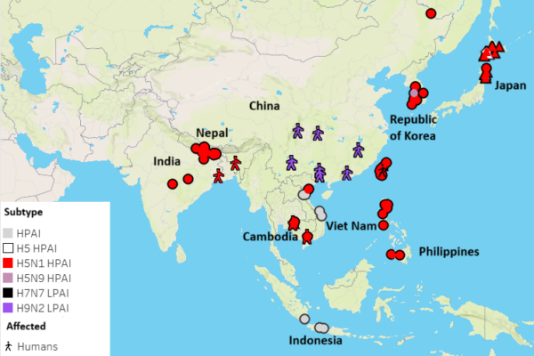 Map. Distribution of avian influenza events reported in animals and humans from 3 March 2026 to 8 June 2026.